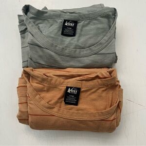 REI Co-op (2) Hiking / Trail Shirts, Men's Large, green & orange stripe 2 shirts